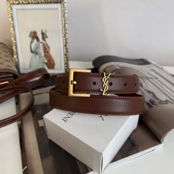 Saint Laurent Dark Brown Belt 3cm 90cm - Gold YSL Buckle - With Box & Dust Bag - Picture 2 of 6